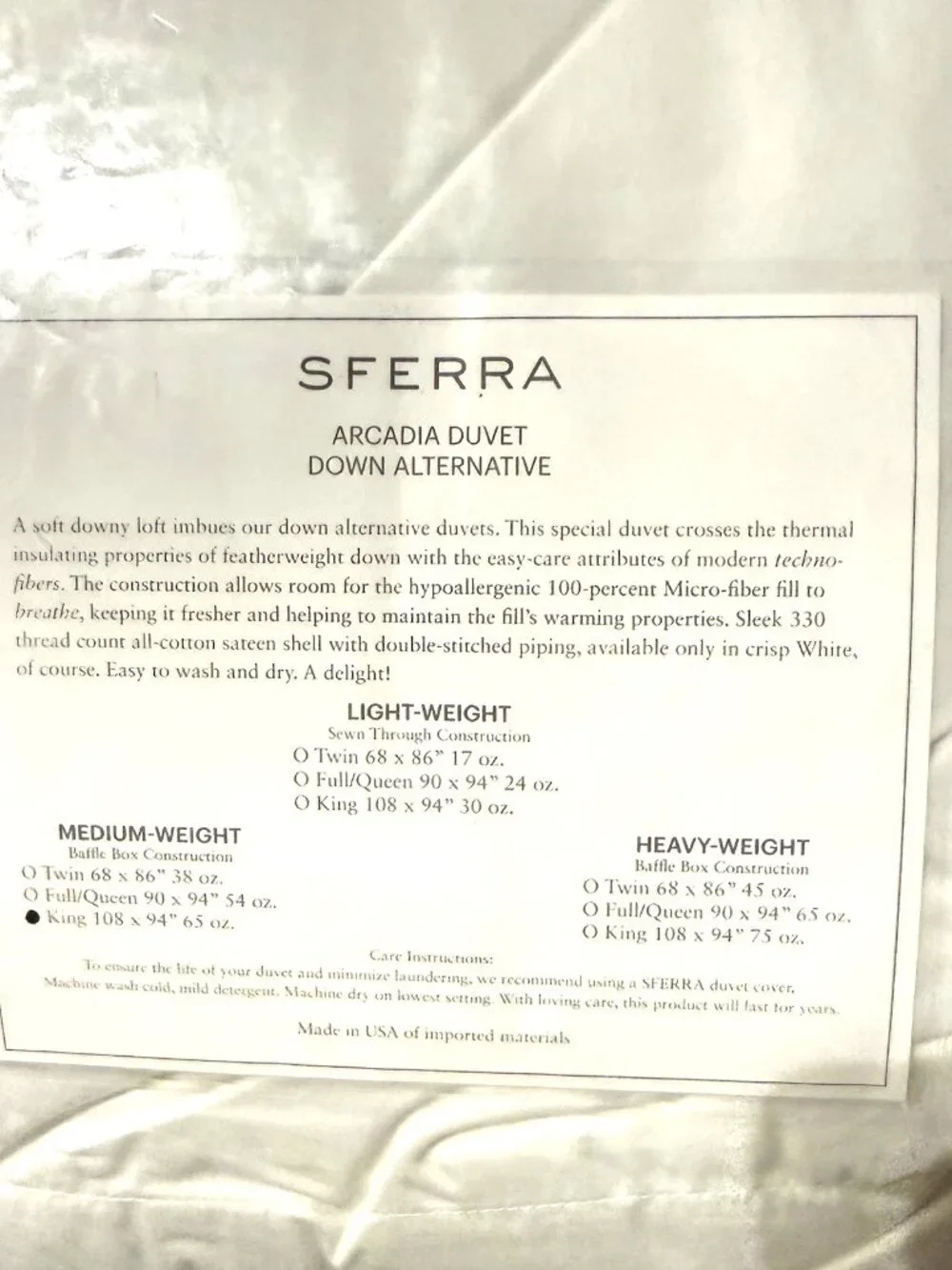 SFERRA Arcadia King Medium Down Alternative Duvet Comforter White 108x94